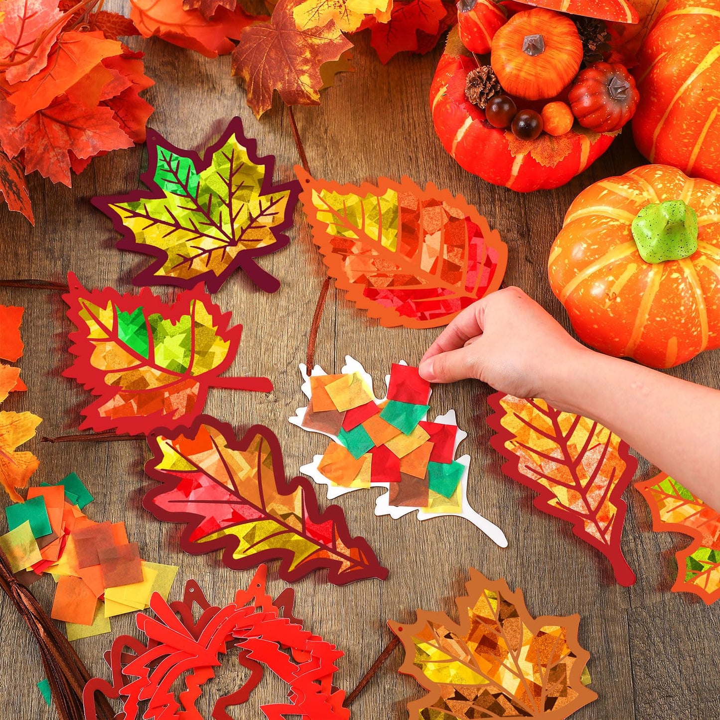 Motipuns 32 Sets Thanksgiving Day Maple Leaf Suncatchers Craft Kits DIY Fall Leaf Tissue Paper Crafts Stained Glass Effect Tissue Paper Kit for Autumn Halloween Window Art