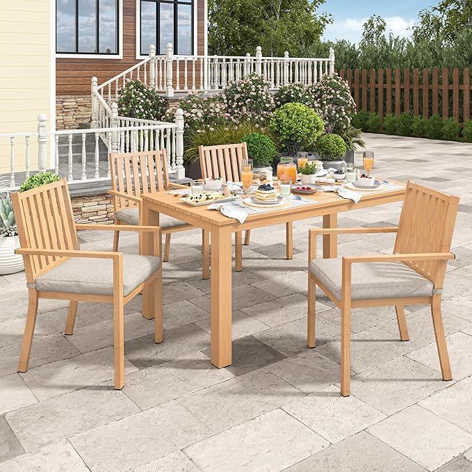 Wisteria Lane 5 Pieces Patio Table and Chairs Set, Aluminum Outdoor Dining Table with 4 Chairs, Outdoor Patio Dining Sets with Removable Cushion for Garden, Backyard, Lawn, Brown