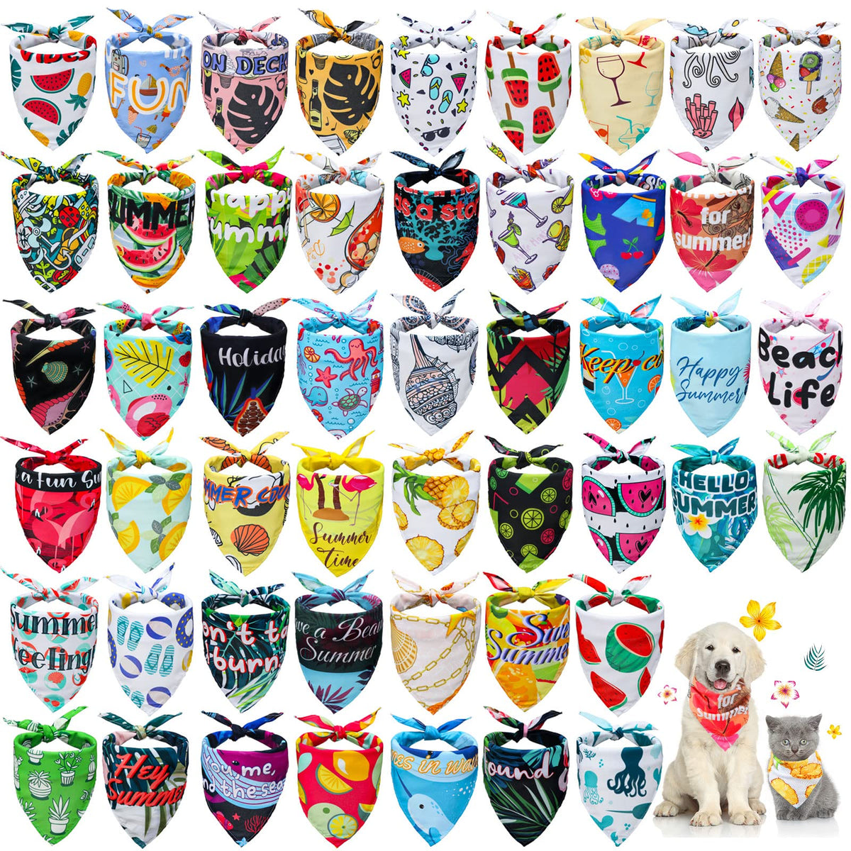 Chunful 50 Pcs Summer Bandanas for Dog Pet Bandanas Bulk Dog Triangle Scarf Bib Seasonal Pet Costume Adjustable Cat Outfit Washable Bids Kerchief for Small Medium Puppy