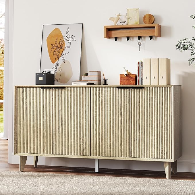 Fluted Cabinet with Storage, Buffet Storage with 4 Doors, Buffet Sideborad Accent Cabinet with Adjustable Shelves for Living Room, Kitchen, Entry, Hallway, Natural