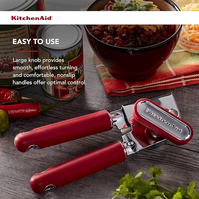 KitchenAid Classic Multifunction Can Opener and Bottle Opener Easy to Use, Razor Sharp Stainless Steel Cutting Wheel, Soft Ergonomic Handles, Soft Red