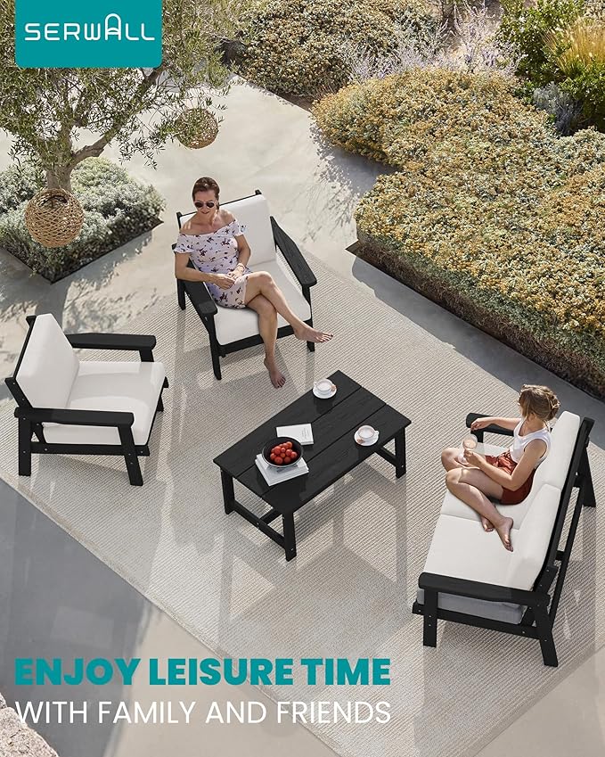 SERWALL HDPE Outdoor Furniture Set, 4 Piece Outdoor Sofa Set, Black Frame with Khaki Cushions