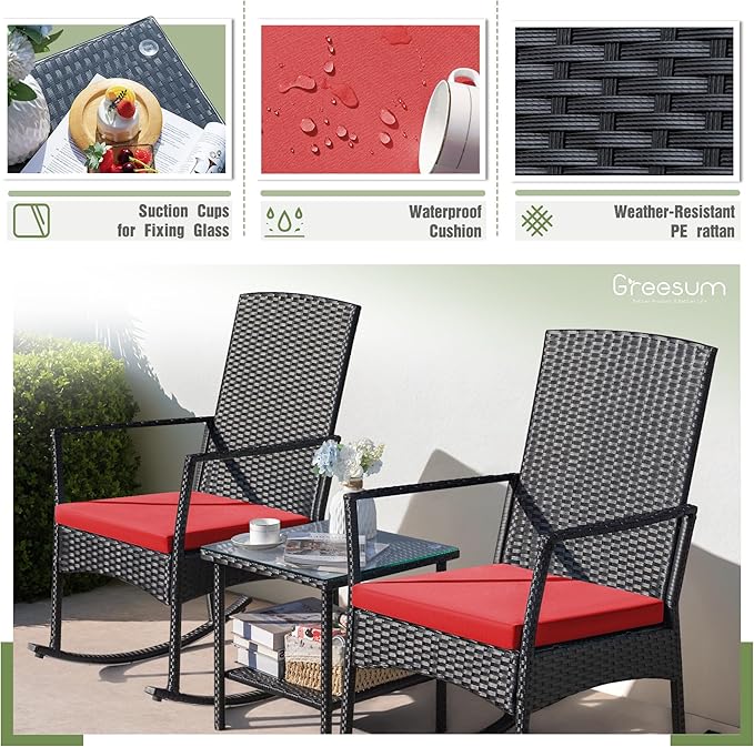 Greesum 3 Pieces Patio Furniture Set Outdoor Wicker Rocking Chairs with Glass Coffee Table for Garden Backyard Porch Poolside, Red