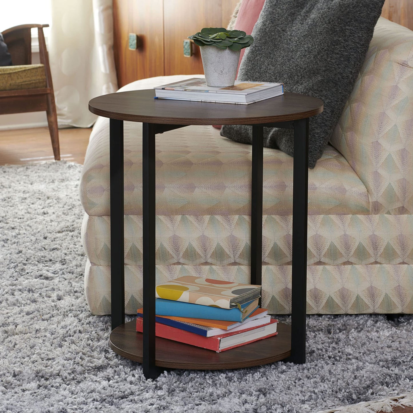 Household Essentials Jamestown Round Side End Table with Storage Shelf Mid Century Walnut Wood Grain and Black Metal