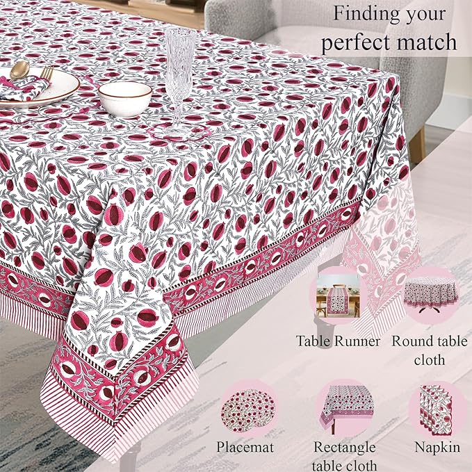 Ridhi -Sangria Red Cotton Tablecloth, Handblock Print Floral Table Cloth for Kitchen Dining Linen I Thanksgiving, Christmas, Wedding, Fall Décor 4 Seater 60x60 Inches Square