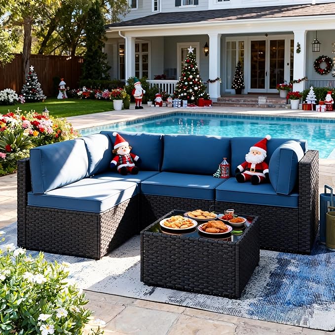 SUNLEI 5 Piece Patio Furniture Sets, Low Back All-Weather Rattan Sectional Sofa with Tea Table&Washable Couch Cushions, Patio Furniture Sets, Black Rattan