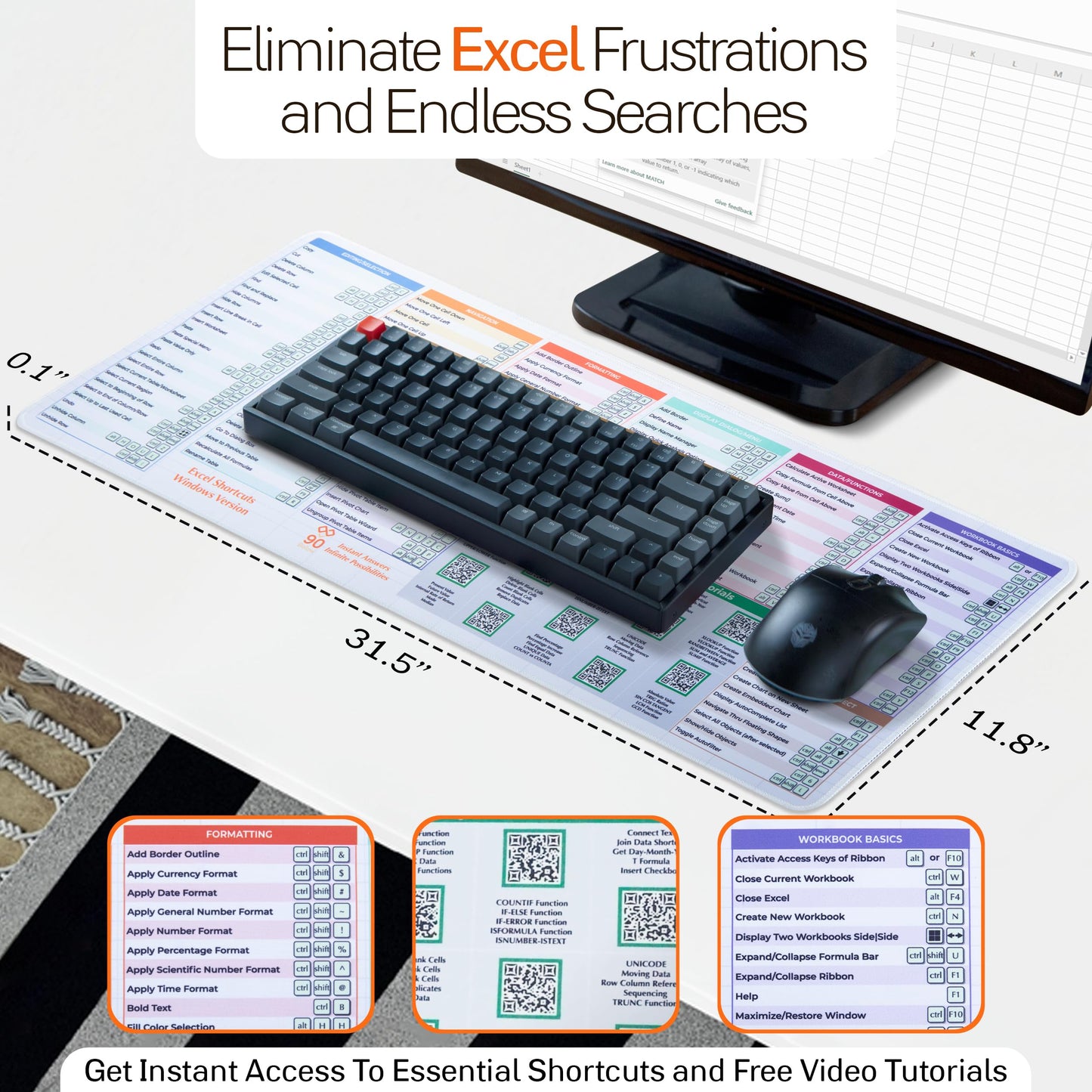 Excel Cheat Sheet Desk Pad - DeskGuide Pro Mouse Pad with 100+ QR Video Tutorials - Excel Shortcuts & Formulas - Large 31.5" x 11.8" Keyboard Mat for Office Desk Accessories