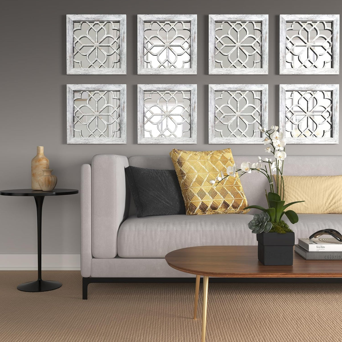 4pcs Farmhouse Wall Mirror with Carved Floral Design -Rustic Mirror Decor for Home, 12x12 inch(Grey)