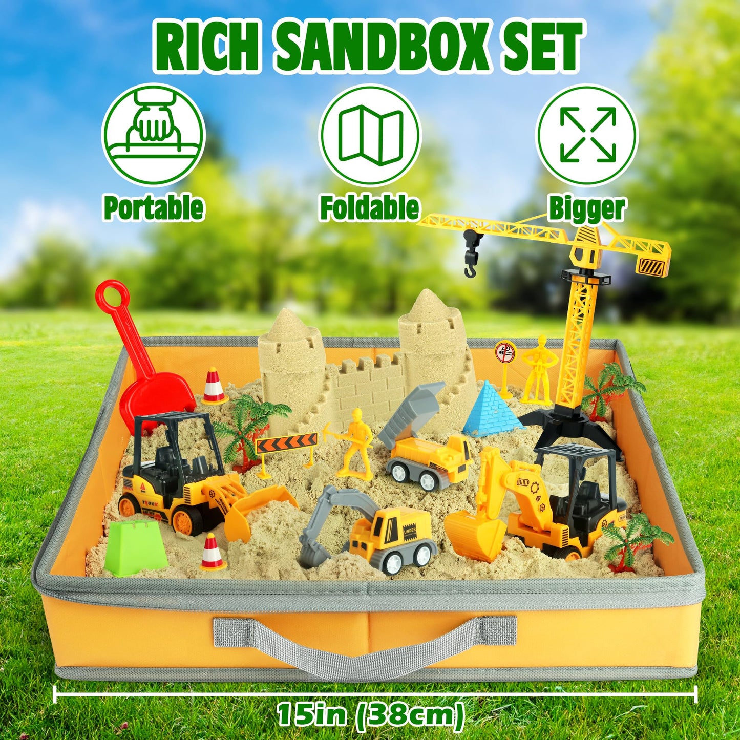 Billeeit Sand Construction Kit with Big Foldable Sandbox and 2.2lbs Moldable Sensory Play Sand, Truck Toys Including Castle Molds and Other Accessories - 36Psc Set Gifts for Kids 3+