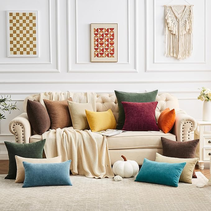 GAWAMAY Decorative Chenille Throw Pillow Covers 26"x26" Inch Pack of 2, Soft Square Couch Pillow Cover for Sofa Cushion Living Room Bedroom Solid Oversized Pillowcases Dark Green 66x66cm (NO Insets)