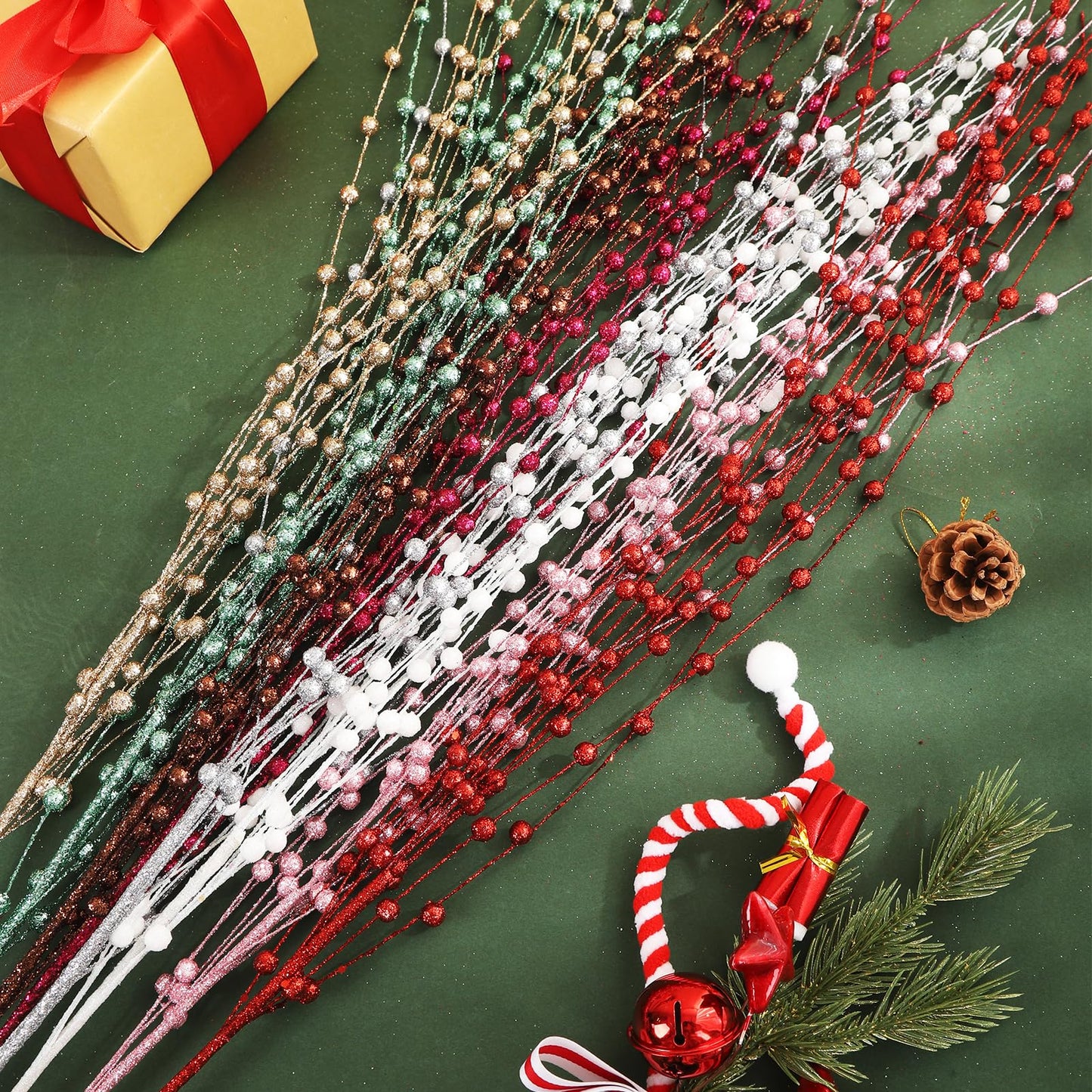 HRONG 24 PCS 39.37in Red Artificial Glitter Berry Stem Ornaments - Glittery Twigs,Branches for Christmas Tree Decorations, Holiday Wreaths, Wedding, DIY & Home Party Decor (Champagne)