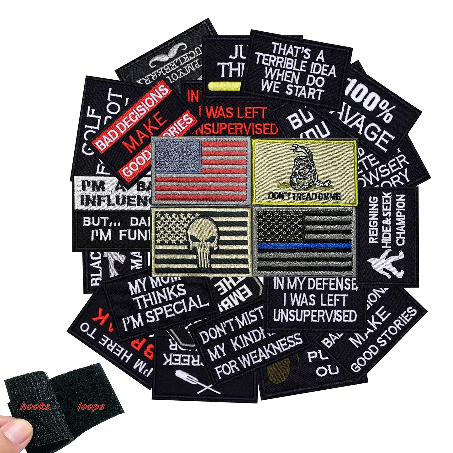 YLY Tactical Morale Embroidered Patch - 24pcs Military Funny Slogan Hook and Loop Patches for Cap,Bag,Backpack,Vest,Hat,Helmet,Gear,Uniforms