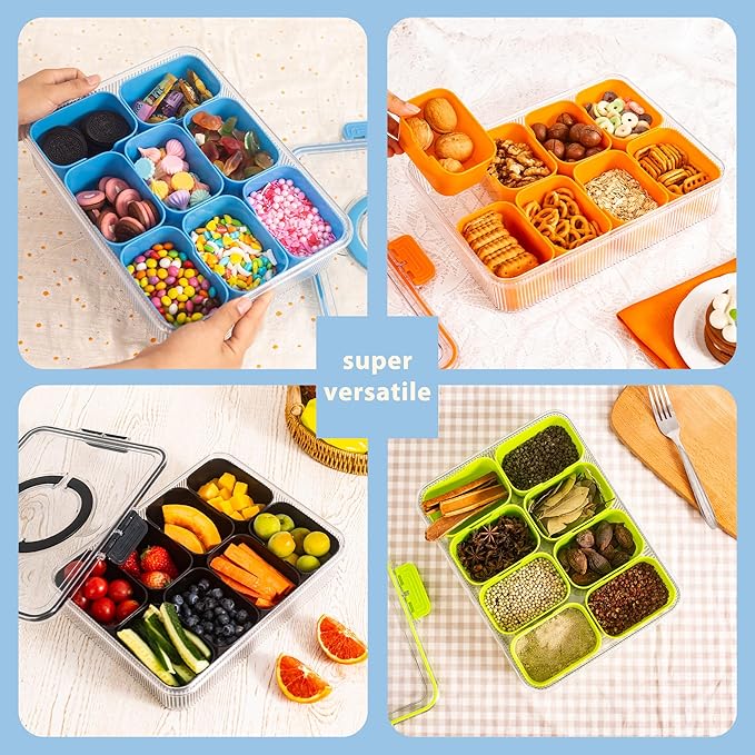Patent Design Ribbed Snackle Box Container Divided Serving Tray with Lid and Handle -Charcuterie Container Portable Storage Organizer for Candy, Fruit, Beach, Picnics(1 pcs, Green)