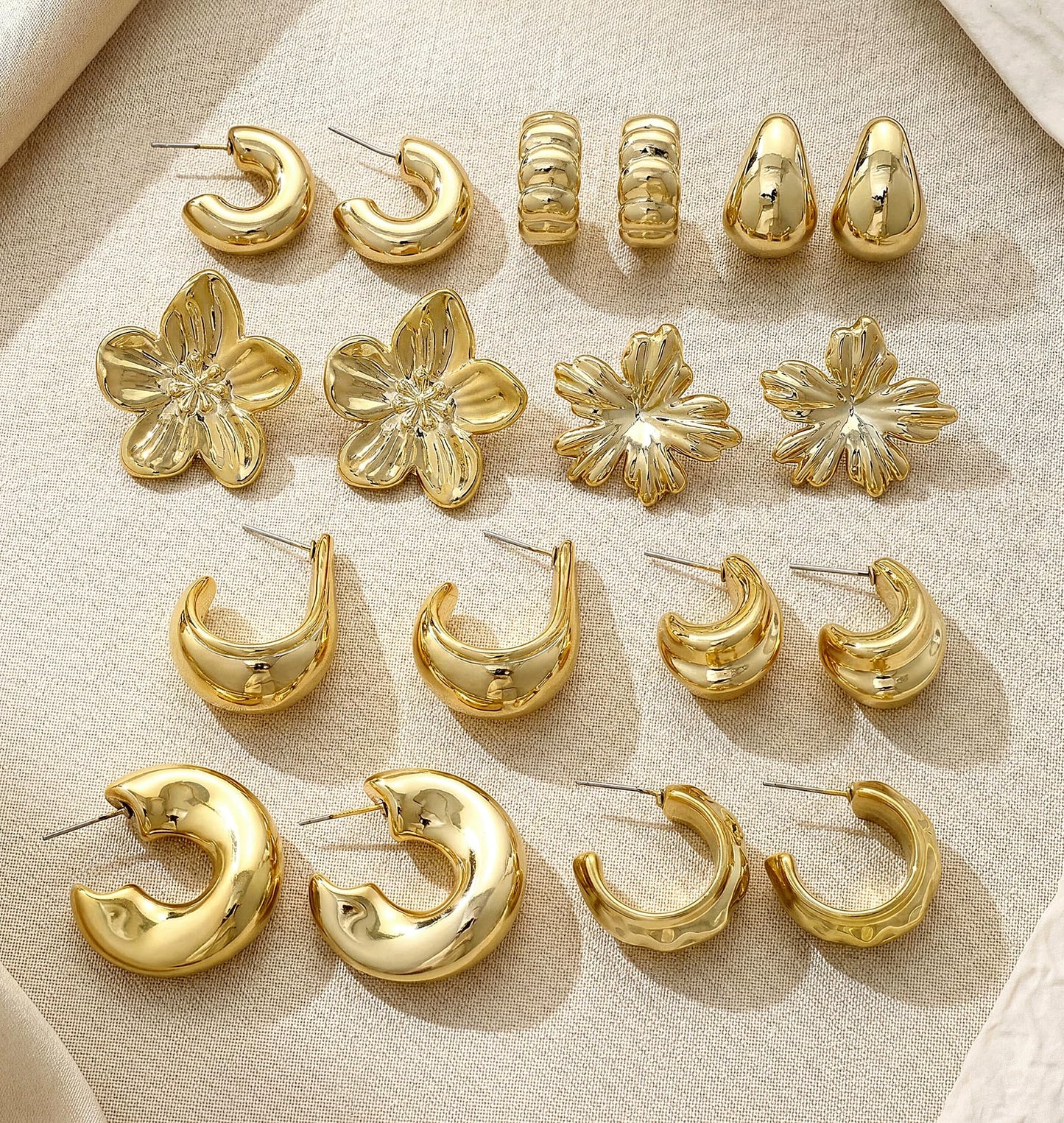 10 Pairs Chunky Gold Earrings for Women, Hypoallergenic Statement Hoops Earring for Multipack, Trendy Gold Chunky Hoop Earrings Jewelry for Gift (E-9 Pairs Gold)