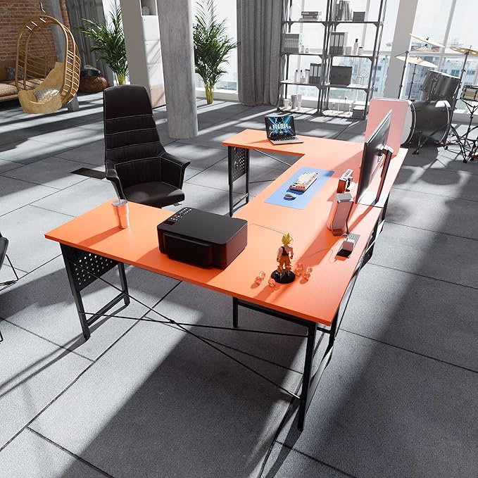 Pamray 71 Inch Large Computer Desk with Power Outlets,U Shaped Corner Desk for Home Office Work and Gaming Orange