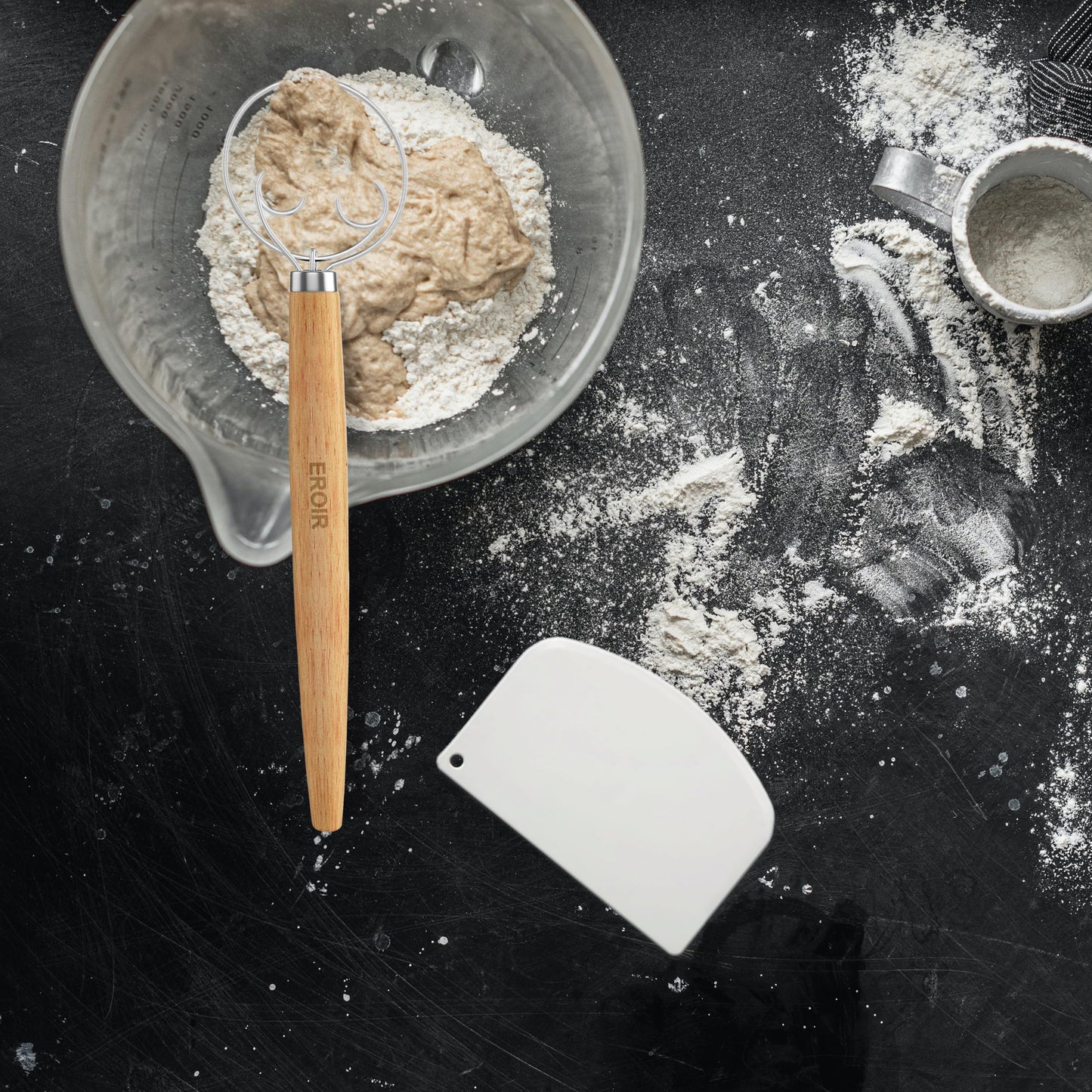 EROIR 13" Danish Dough Whisk Bread Lame Bowl Scraper Set - Dutch Sourdough Whisk Double Eye, Dough Scraper, Bread Scorer with 10 Blades and Leather Cover