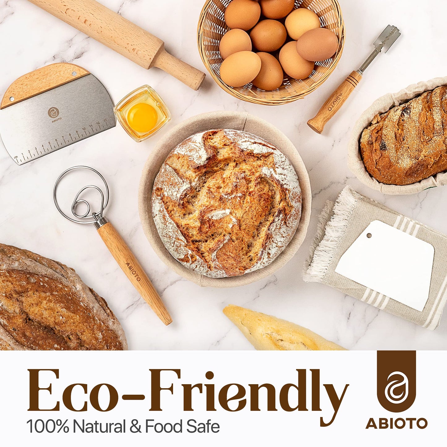 ABIOTO Sourdough Bread Baking Supplies and Bread Proofing Baskets - 9" Round & 10" Oval Indonesian Rattan Baskets, Liners, Danish Whisk, Bread Lame & Scrapers - 14 Piece Bread Making Kit for Beginners