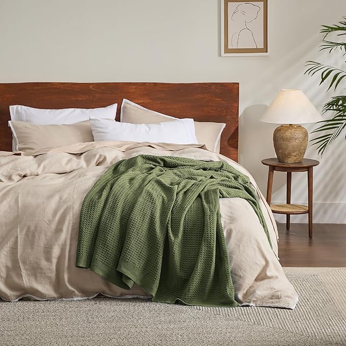 Bedsure 100% Cotton Blanket King Size for Bed - Breathable and Soft, Waffle Weave Blanket for Summer Spring, Olive Green, 104x90 inches