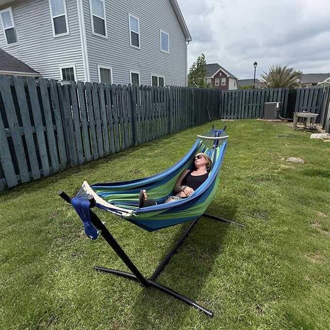 SZHLUX Double Hammock with Stand Included 450lb Capacity Steel Stand, Premium Carry Bag Included.Indoor Outdoor Brazilian-Style Cotton Bed for Backyard, Camping,Garden,Green
