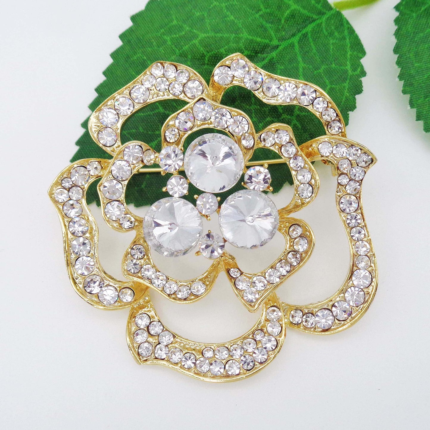 Navachi 18k Gold Plated Clear Crystal Blooming Rose Flower Az7437b Brooch pins