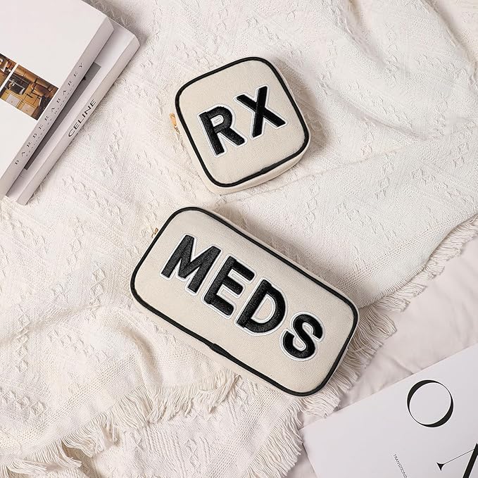 3Pcs Canvas Rx MEDS STUFF Packages, Cute Chenille Letter Patch Drug Makeup Bag with Metal Zipper, Mini Travel First Aid Purse Organizer Machine Washable (3Pcs Bags)