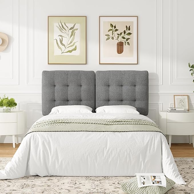 Upholstered Headboard Queen Size, Adjustable Height Queen Headboard Only from 39”to 44”with Durable Solid Wood Legs, Modern Button Diamond Fabric Bed Head Board with Width Adapters, Grey