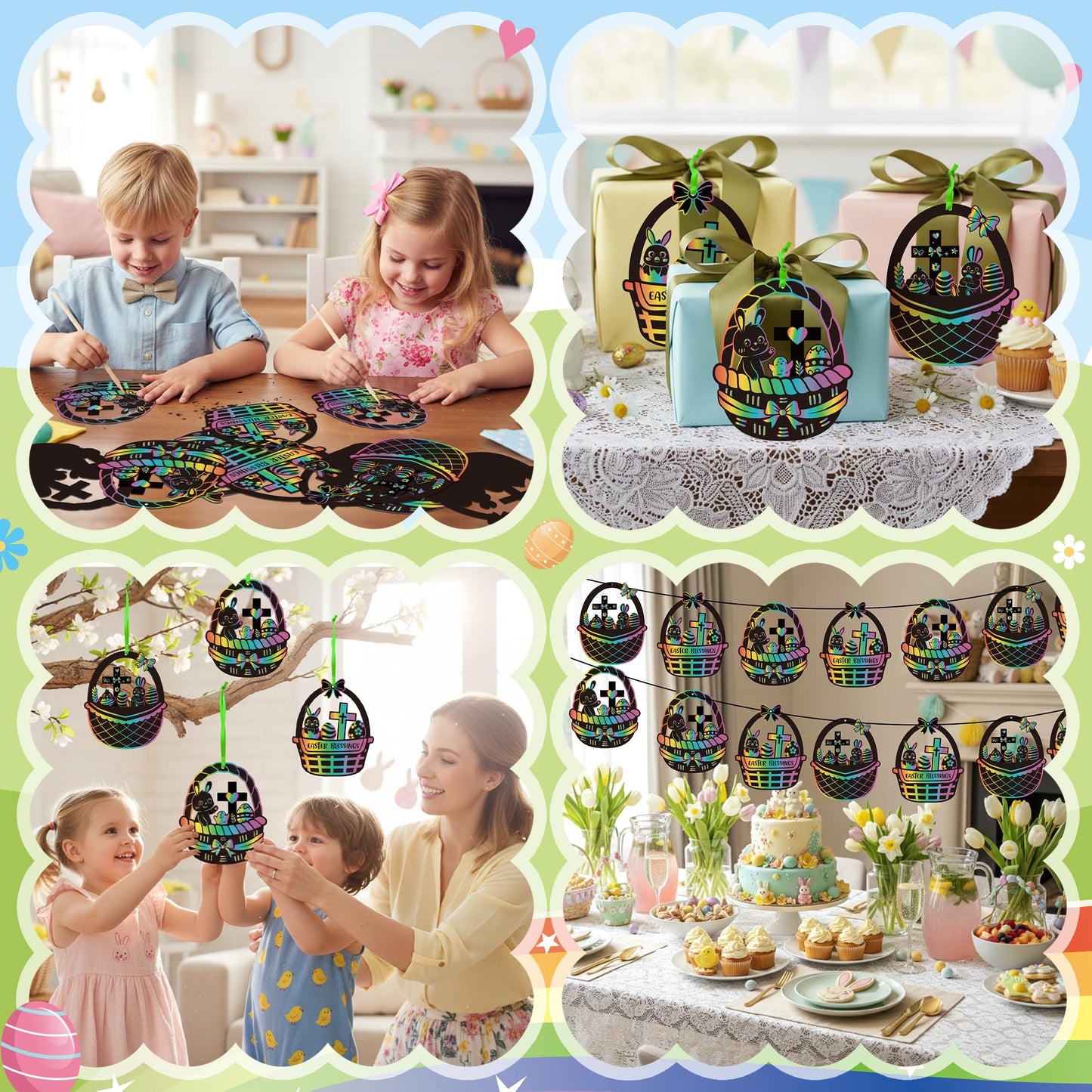 CY2SIDE 60PCS Religious Baskets with Egg Cross Scratch Card Gift Set DIY Christian Jesus is Risen Scratch Paper Craft for Kid Sunday School Activity Easter Bunny Magic Art Rainbow Color Paper Ornament
