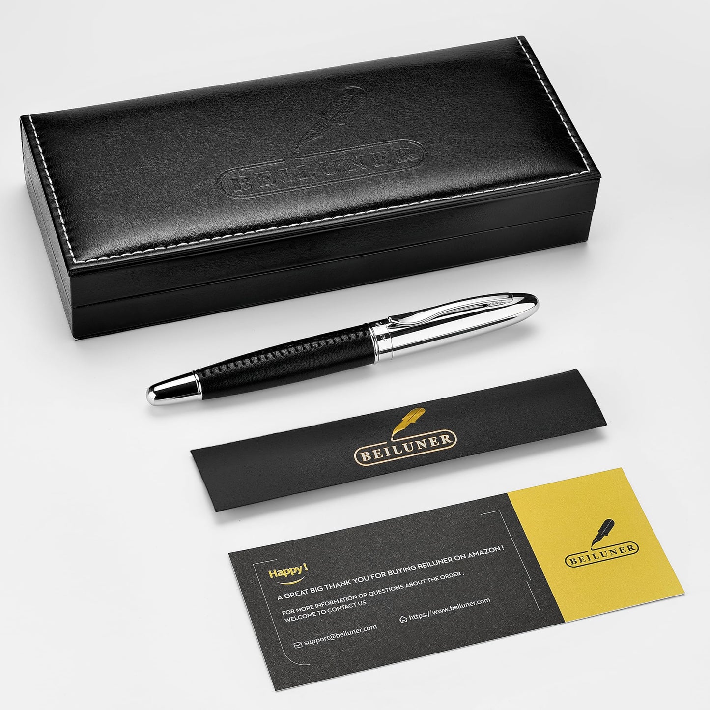 BEILUNER 318 Luxury Leather Pen, Hand-Stitched Premium Leather, Chrome-Plated Finish, Schmidt Ink Refill, Best Rollerball Pen Gift for Men & Women, Refillable, Executive Writing, Nice Pens