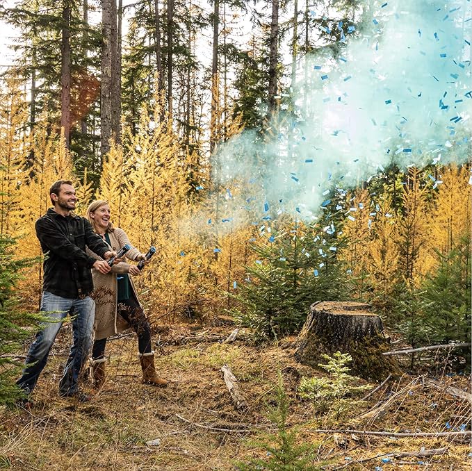 Gender Reveal Confetti Cannon 4 Blue Powder Smoke with 100% Non-Toxic, Food-Grade Corn Starch - Safe and Easy Compressed Air Party Popper - Bright Explosion for Photo Effect