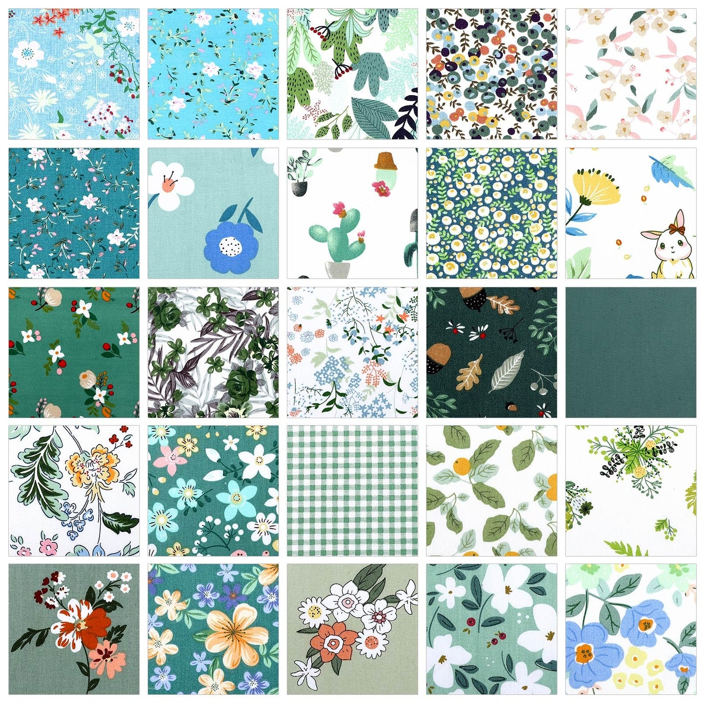 Tudomro 70 Pcs 10 x 10 Inch Green Floral Cotton Fabric Square for Quilting Sage Mint Green Sewing Precut Fabric Bundle Assorted Flower Printed Patchwork Materials for Holiday DIY Craft Handmade Cloth