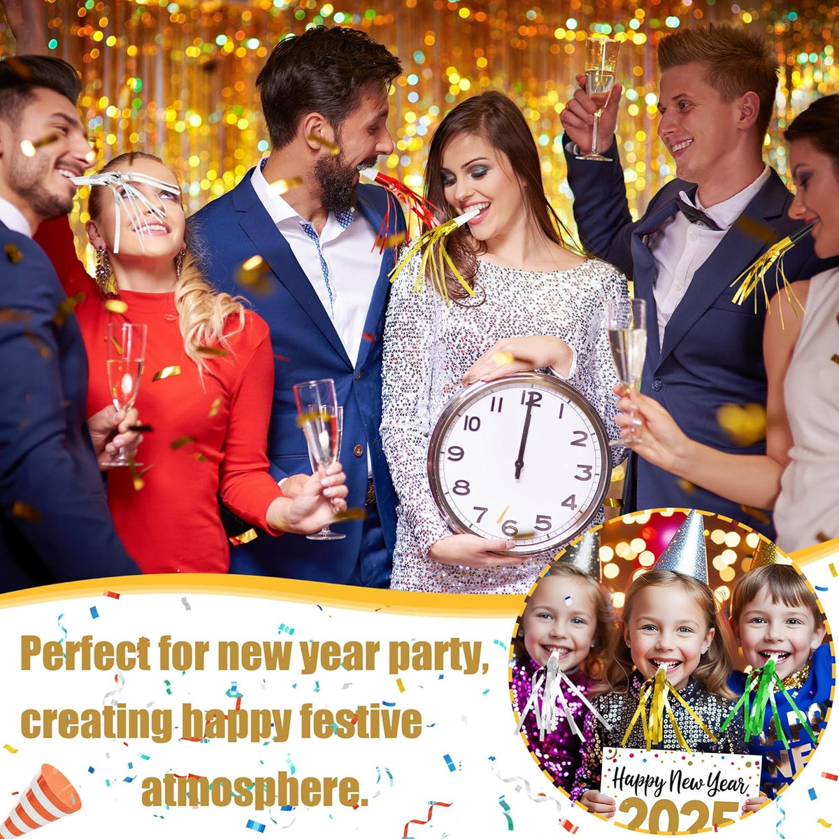 12 Pcs Glitter Noise Makers Metallic Fringed Party Blower for Adults Birthday Graduation New Years Party Favors Supplies (Gold and Silver)