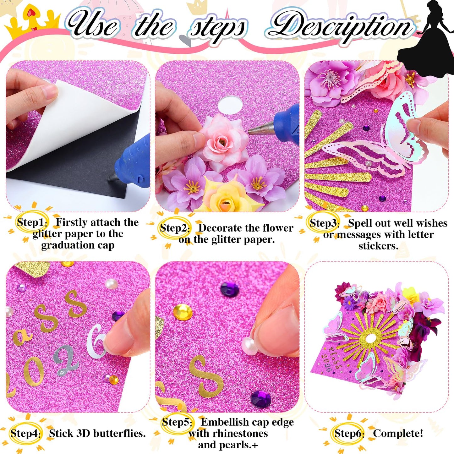 Wavwavw 47 Pcs DIY Purple Graduation Cap Decorations Accessory Kit 3D Artificial Flowers Butterfly Decals Rhinestone Pearl Stickers Letter Stickers Glitter Paper for Grad Hats Decor
