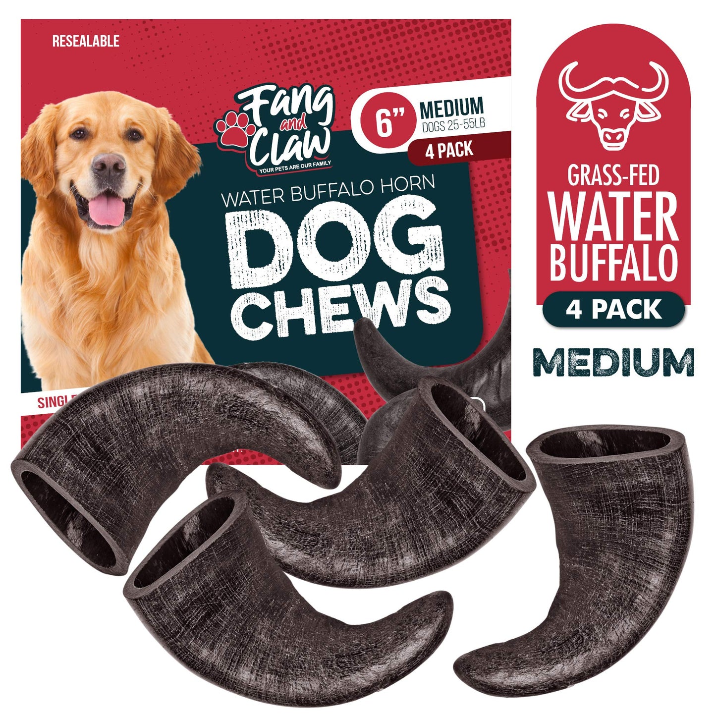 Fang and Claw Water Buffalo Horn Dog Chew 4 Pack (Medium 6 Inch), Long-Lasting Natural Chews for Aggressive Chewers, Single-Ingredient, No Rawhide