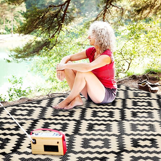 SAND MINE Waterproof Outdoor Rug 9x12 ft, Plastic Reversible Rug, Modern Area Rug, Large Floor Mat for Outdoors, RV, Patio, Backyard, Deck, Picnic, Beach, Camping
