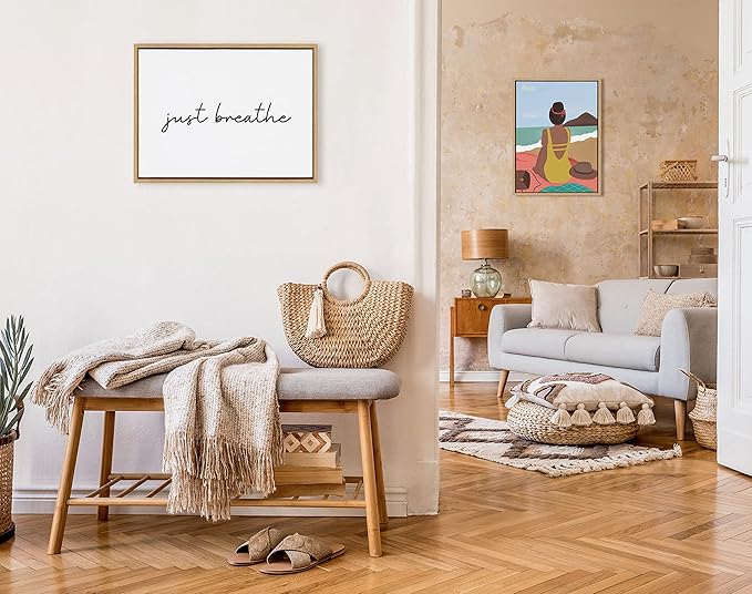 Kate and Laurel Sylvie Just Breathe Horizontal BW Framed Canvas Wall Art by The Creative Bunch Studio, 18x24 Natural, Self Care Art, Calming Wall Décor