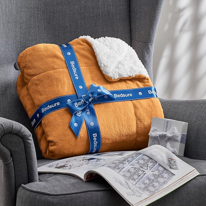 Bedsure GentleSoft Sherpa Fleece Blankets Queen Size for Bed - Thick and Warm, Soft Fuzzy Plush Queen Blanket for Winter, Orange, 90x90 Inches