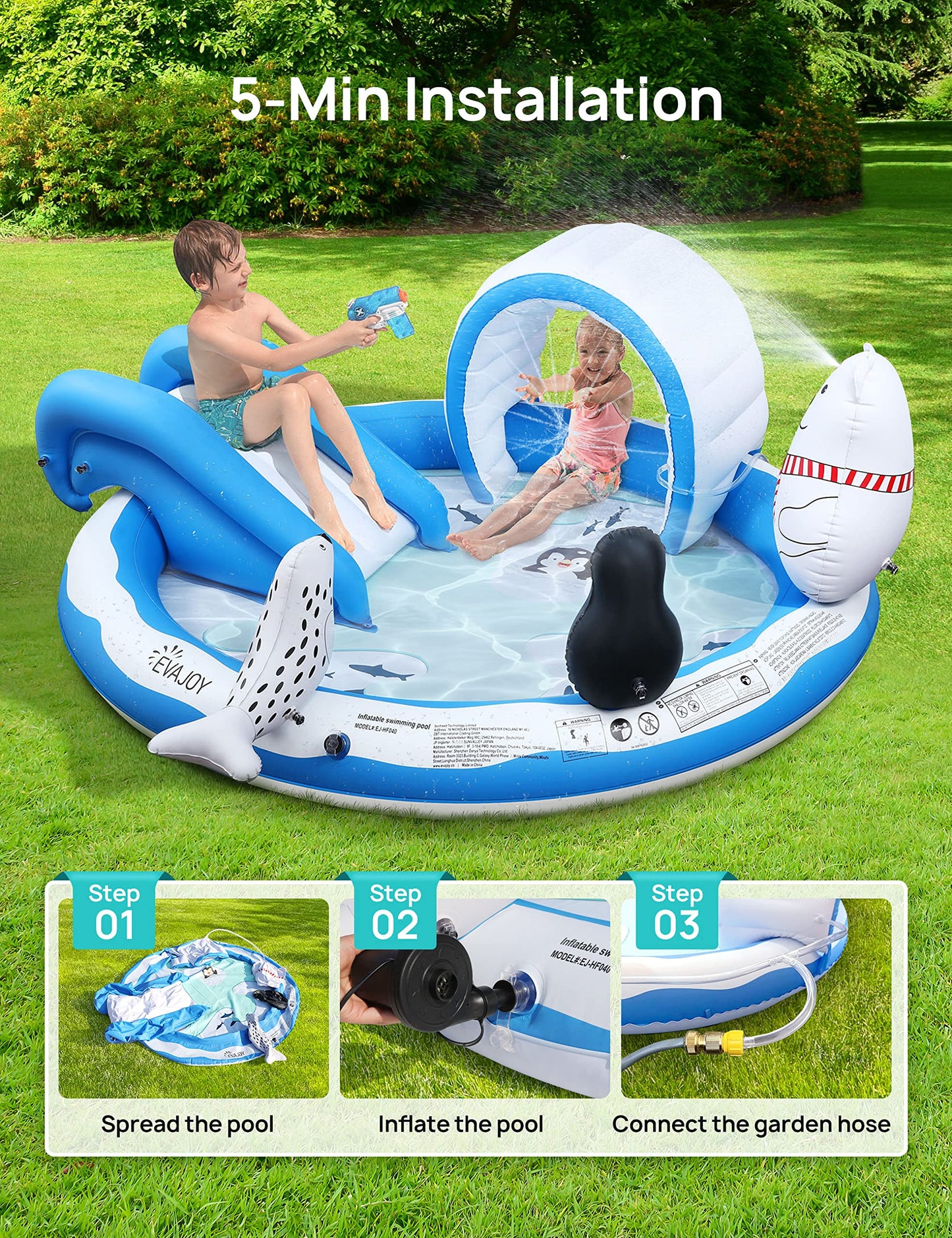 Inflatable Play Center, EVAJOY Kiddie Pool with Slide for Children, Sprinkler, Ice & Snow Theme with Inflatable Dolls, Easy Setup for Garden, Backyard, Indoor Usage