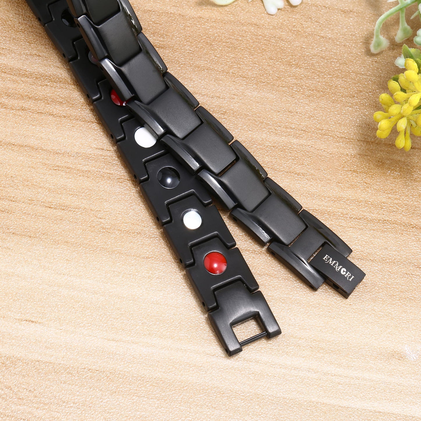 EMMORI Ultra Strength Magnetic Bracelet - 3,500 Gauss Per Magnet -Magnetic Bracelets for Men Woman - Adjustable Length -Pulseras Magneticas (Black)