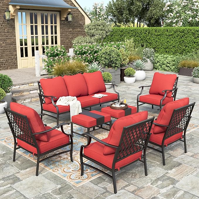 HERA'S HOUSE 7 Piece Patio Furniture Set, 4 x Leg Chair, 2 x Cushioned Ottoman, 1 x 3-Seat Sofa, All Cushioned 9 Seats Metal Outdoor Conversation Set for Lawn Garden Backyard