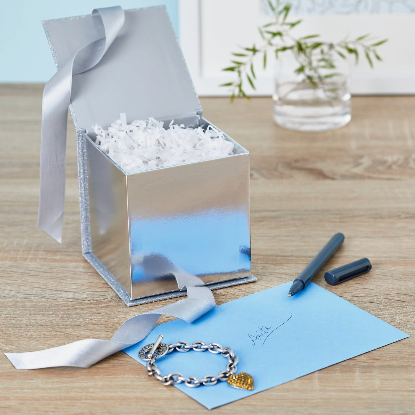 Hallmark Small Gift Box with Bow and Shredded Paper Fill (Silver Signature 4 inch Gift Box with Glitter) for Weddings, Graduations, Bridal Showers, Anniversaries, All Occasion