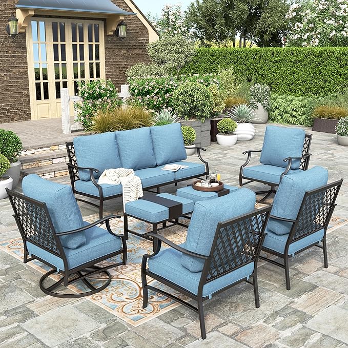 HERA'S HOUSE 7 Piece Patio Furniture Set, 2 x Swivel Chair, 2 x Leg Chair, 2 x Ottoman, 1 x 3-Seat Sofa, All Cushioned 9 Seats Metal Outdoor Conversation Set for Lawn Garden Backyard