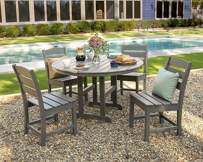 POLYWOOD® Lakeside 5-Piece 48 Inch Round Dining Table Set, Mahogany - 4 Person Outdoor Dining Set, Composite Patio Furniture