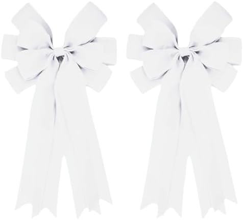 Meseey Double Pack 20X10 Inch Oversized White Burlap Bows Farmhouse Christmas Tree Topper & All-Weather Wreaths Decor, Heavy Duty Gift Wrapping Accents for Front Door/Cabinet (White)