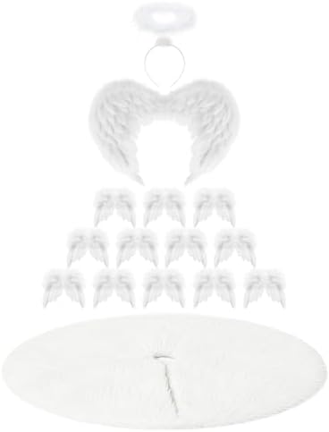 Janinka 15 Pcs Angel Feather Wing Christmas Tree Decors, 2 Feather Wings Topper with Aureole Headband, 1 White Plush Xmas Tree Skirt, 12 Wings Christmas Ornaments for Home Wedding Decor