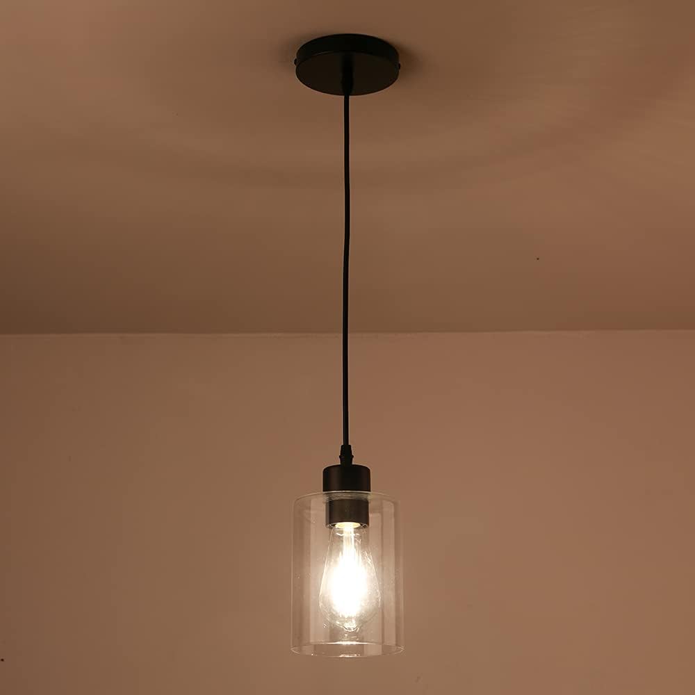 Modern Black Farmhouse Clear Glass Cylinder Pendant Light Fixture,Island Lights for Kitchen,Mini Pendant Lighting for Kitchen Island Decor - 4.75 Inch Shade 58 Inch Cord (Black 2 Pack)