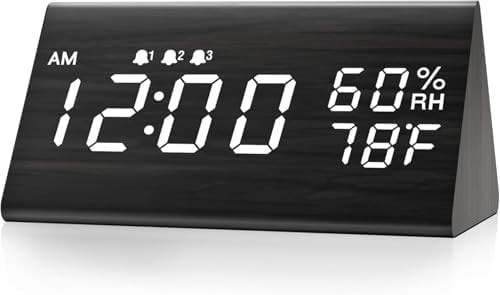 JALL Wooden Digital Alarm Clock for Bedrooms and Office, 3 Alarms with Big Digits, Humidity and Temperature Display, 6-Level Dimmer, Snooze, Loud Desk Clock for Heavy Sleepers, Plug in (Black)