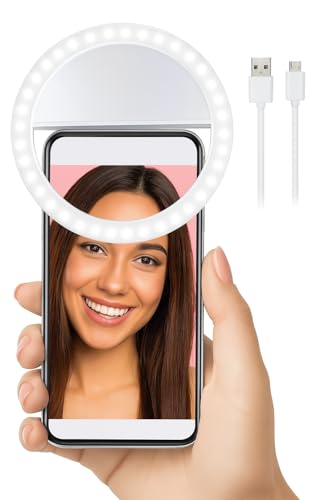 LED Selfie Ring Light with Clip – 3.5 Inch, Rechargeable, Portable for TikTok, YouTube & Zoom – Compatible with All Phones (White) - color: White