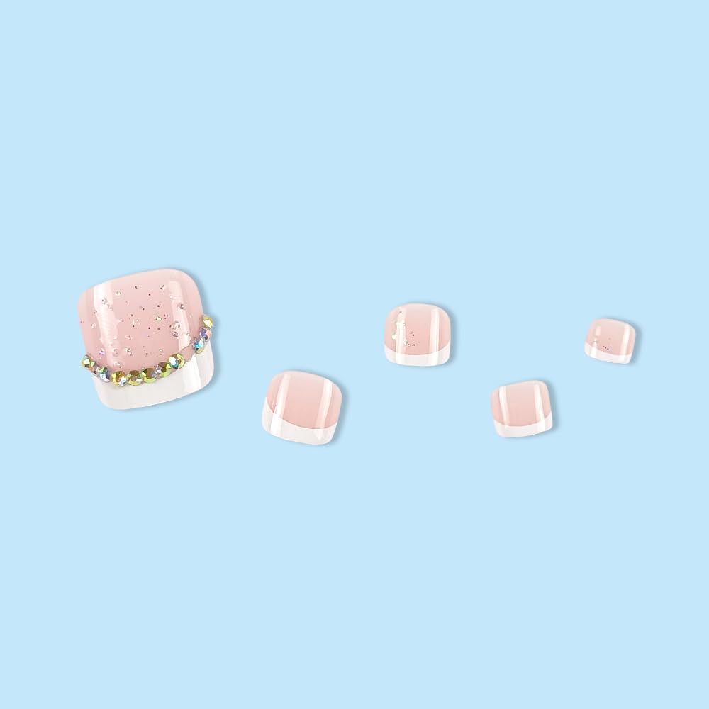 French Tip Press on Toenails Short Suqare Fake on Toe Nails Rhinestones False on Toenails Glossy Acrylic Toe Nails Glitter Full Cover Stick on Nails for Wome
