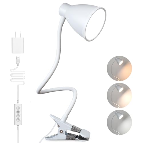 BOHON Clamp Lamp Reading Light 5 Color Modes 10 Brightness Dimmer Bedside Lamp 10W 38 LED Desk Lamp with Auto Off Timer 360° Flexible Gooseneck Clip on Light for Bed Office, Adapter Include, White - color: White