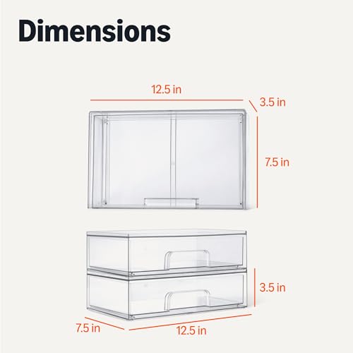 Amazon Basics Stackable Plastic Storage Makeup Organizer Drawers, Clear, 12.1" x 7.6" x 3.5", 2 Pack - size: 3.5" X 12.1" X 7.6"